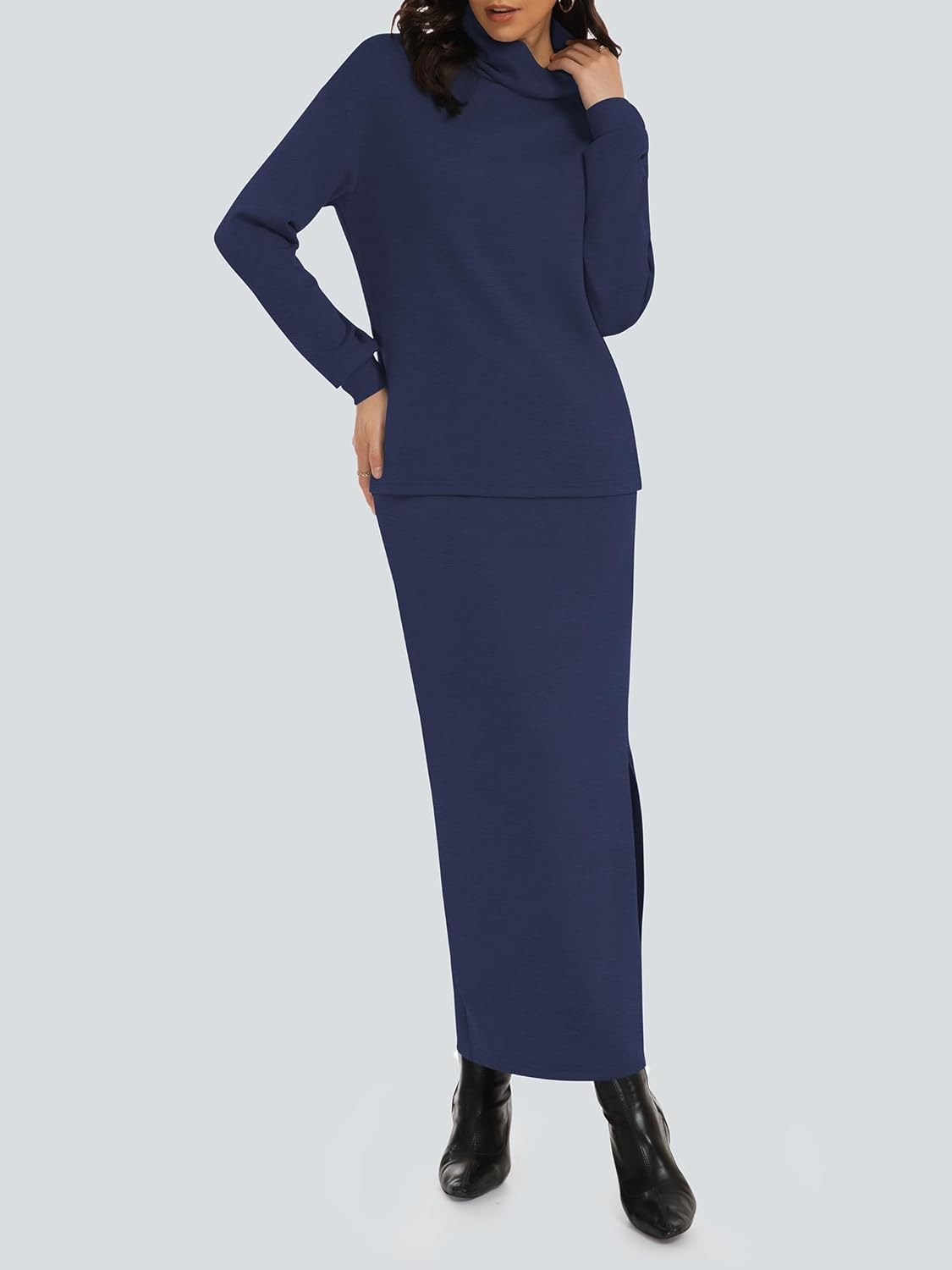 Women's 2 Piece Skirt Set Turtleneck Tops Long Skirt Matching Outfits with Pockets Fall Loungewear - Image 2