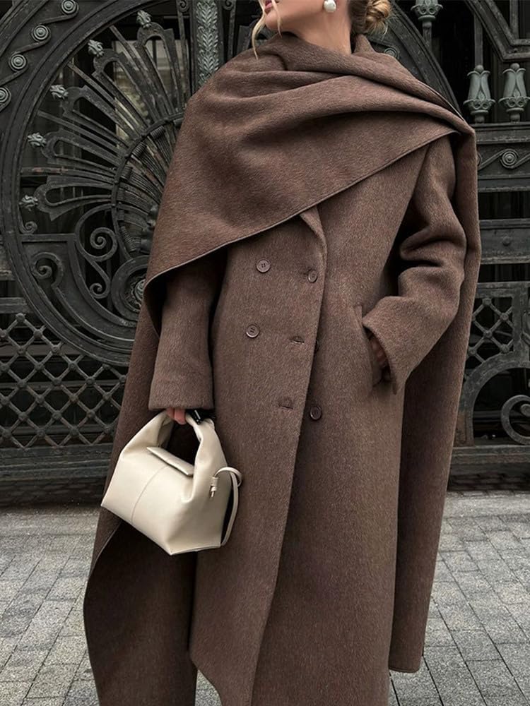 Womens Maxi Wool Coats Long Shawl Scarf Button Down Woolen Blend Trench Coat with Pockets - Image 2