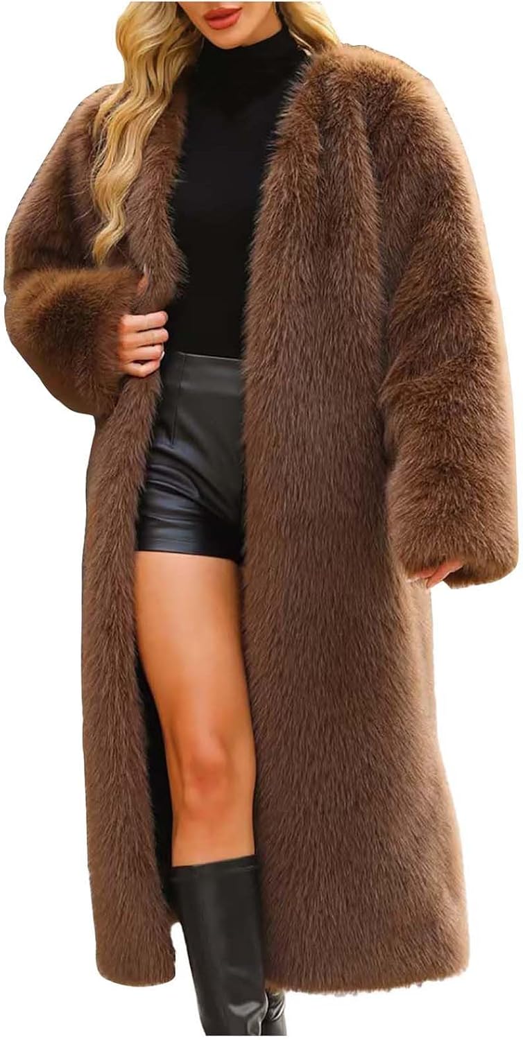 Long Faux Fur Coats for Women Open Front Cardigan Fuzzy Fleece Jacket Warm Winter Coats Fashion Outfits 2025