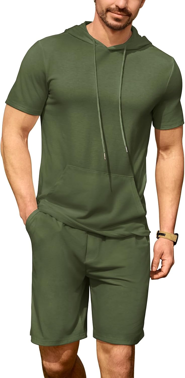 Men Tracksuit Short Sets 2 Pieces Summer Outfit Casual Short Sleeve Hoodie and Shorts Set