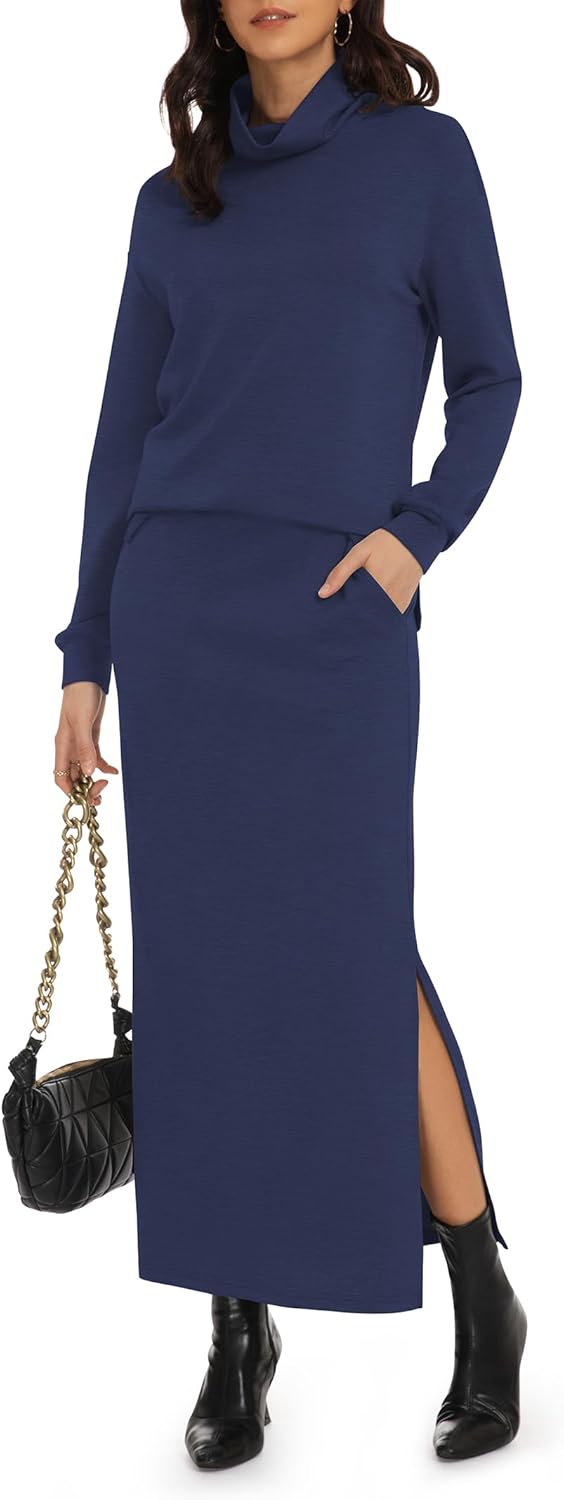 Women's 2 Piece Skirt Set Turtleneck Tops Long Skirt Matching Outfits with Pockets Fall Loungewear