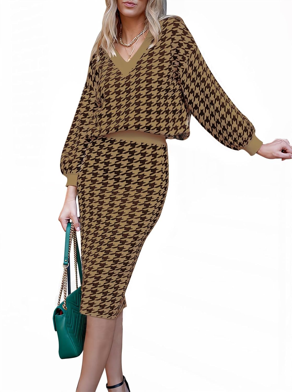 Women 2 Piece Sweater Midi Pencil Skirt Set Fall Winter Split Dress Batwing Long Sleeve Oversized Top Casual Outfit