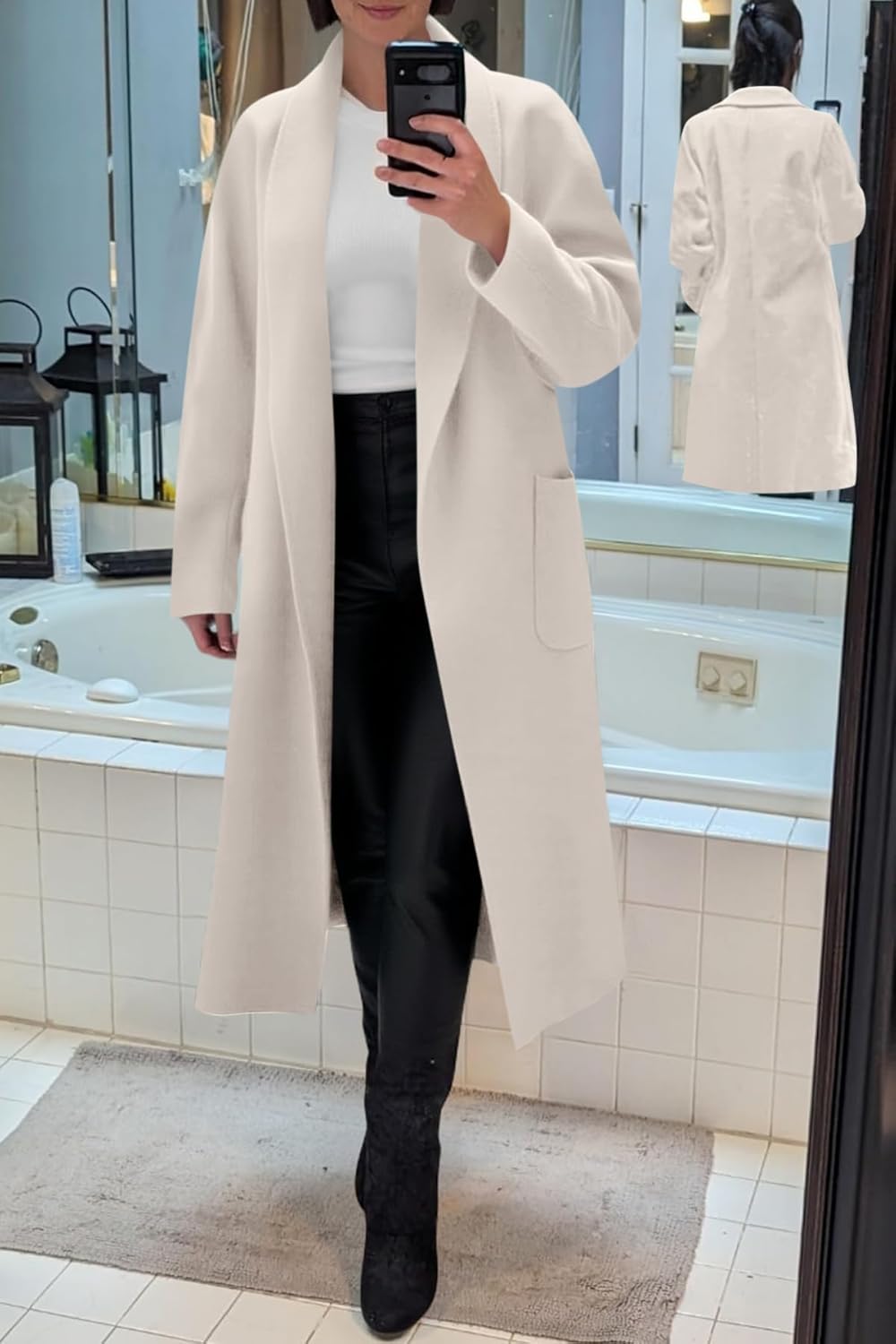 Womens Open Front Pea Coats Classic Lapel Long Trench Coats Loose Fall Winter Outwear with Pockets - Image 2