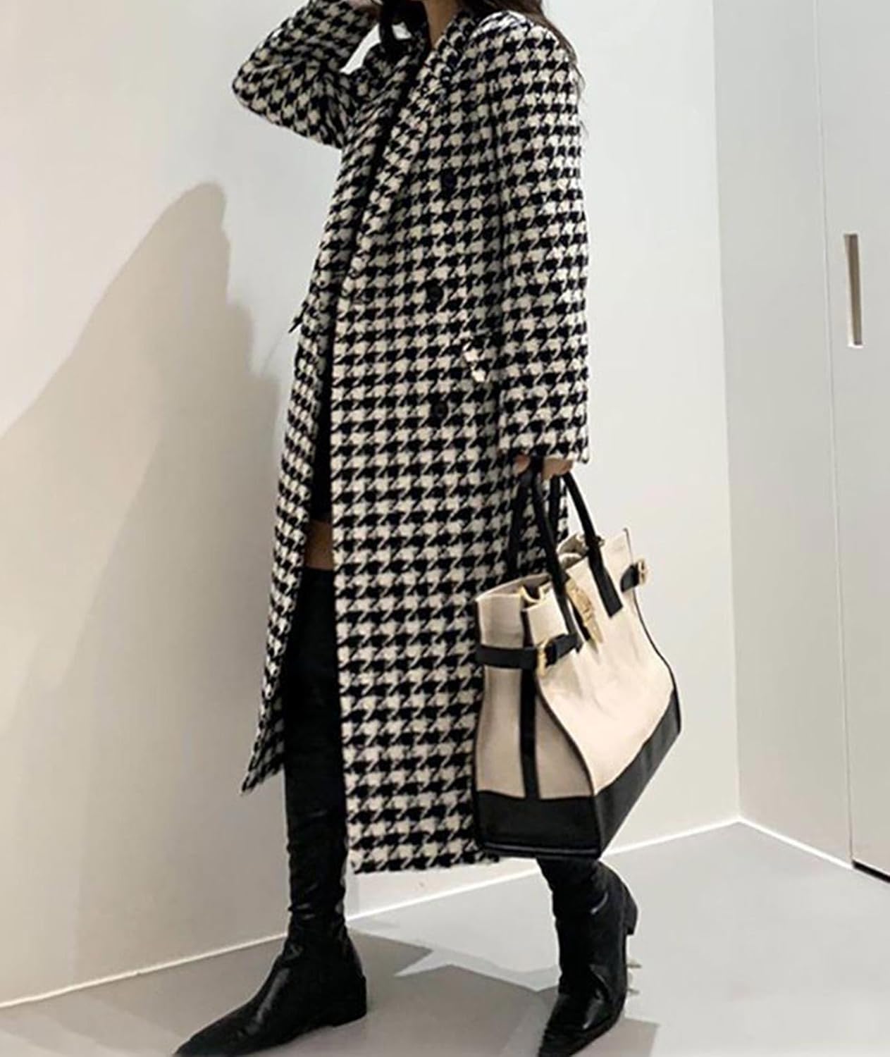 Women's Winter Houndstooth Double Breasted Trench Coat Notch Lapel Wool Blend Warm Quilted Lined Long Overcoat - Image 2