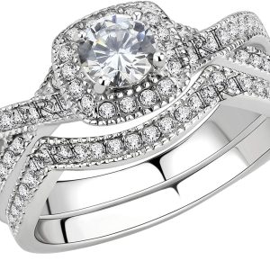 Stainless Steel Rings for Women Infinity Wedding Set Round  Cubic Zirconia Halo Engagement Bridal Jewelry Set