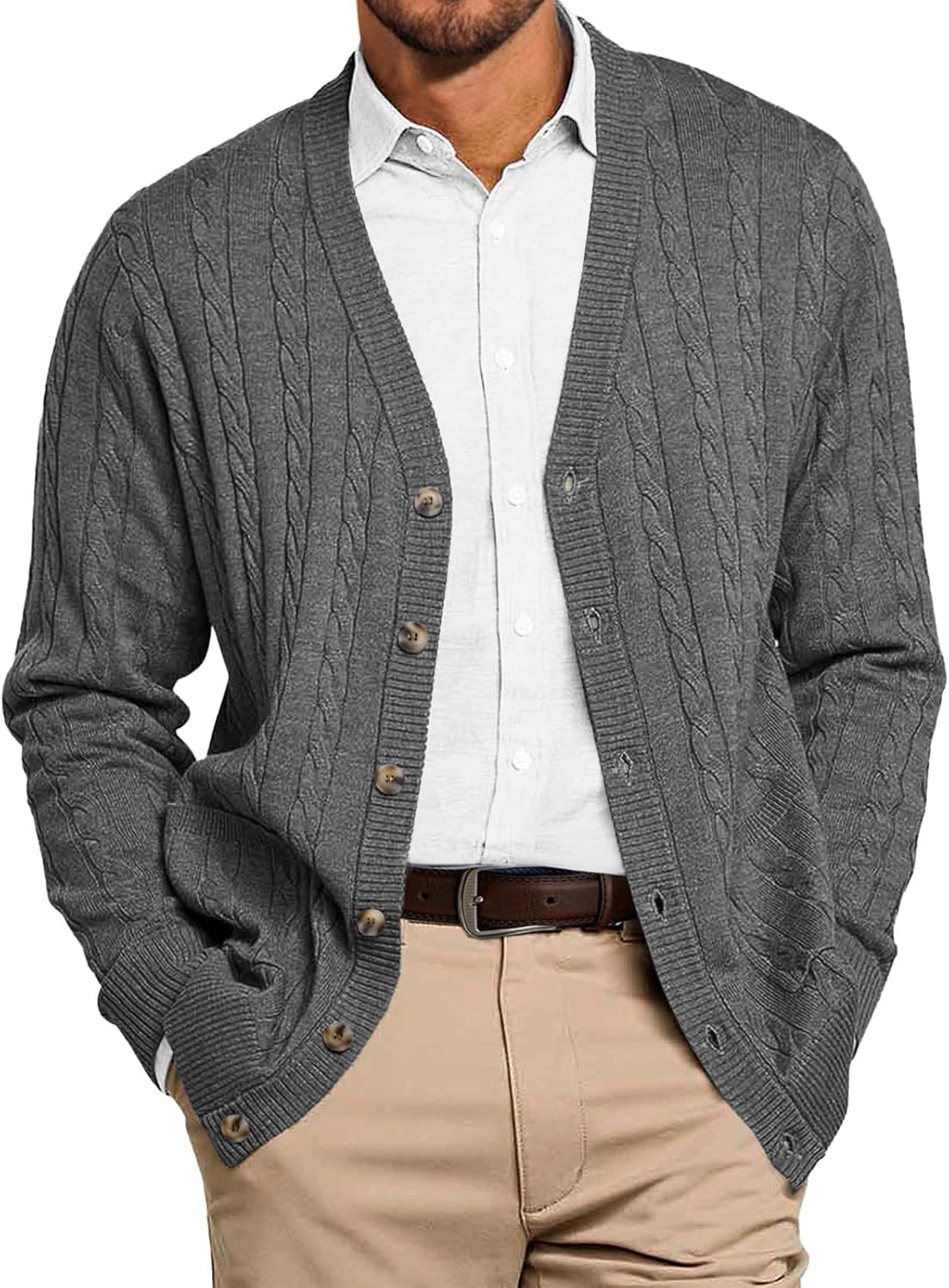 Mens Cable Knit Cardigan Sweater V Neck Casual Button Down Sweaters Long Sleeve Fall Outwear with Pockets