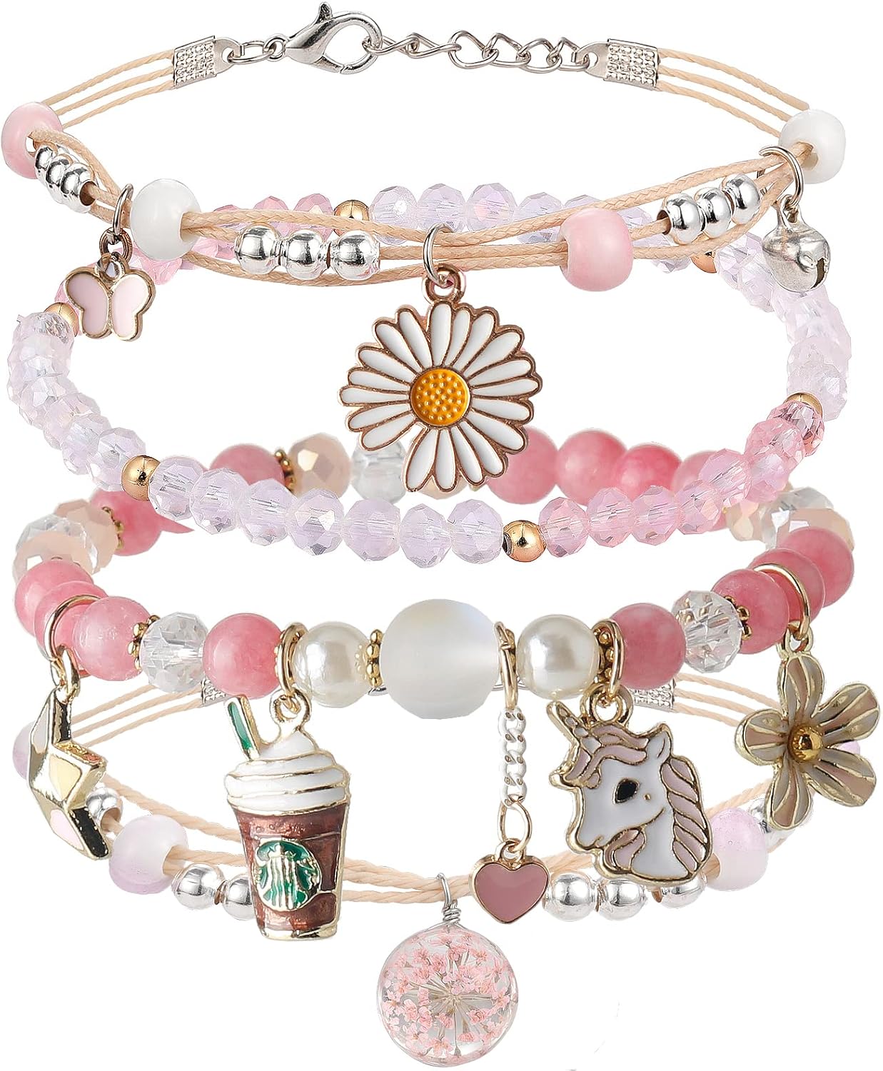 4PCS Beaded Charm Bracelets for Teen Girls Dainty cute cartoon Crystal Bea Pearl Bracelets anklets set for woman and girls Adjustable Stretch bracelet birthday Gift For Frien