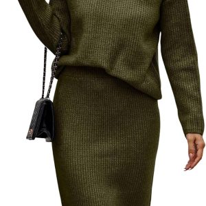 Women 2 Piece Knit Sweater Skirt Set Midi Sweater Dress Long Sleeve Pullover Bodycon Knitted Skirt Set Outfit