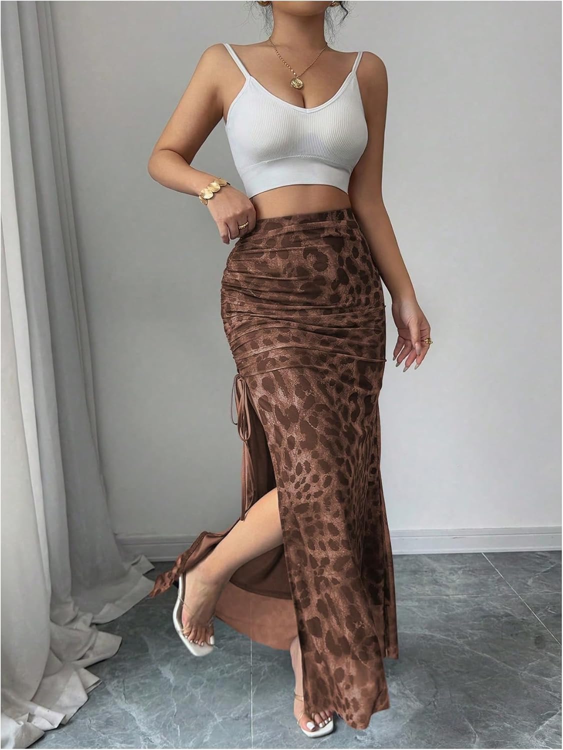 Women's Chiffon Leopard Print Ruched Drawstring Split Thigh Bodycon Maxi Skirt - Image 2