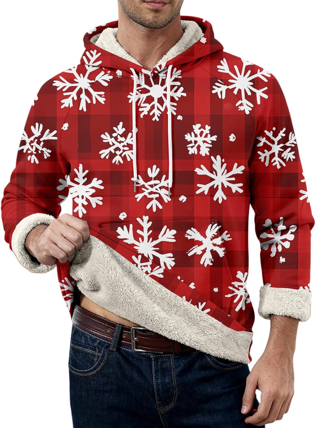 Men's Christmas Fleece-Lined Hoodie Sherpa Christmas Print Warm Hooded Sweatshirts with Pocket