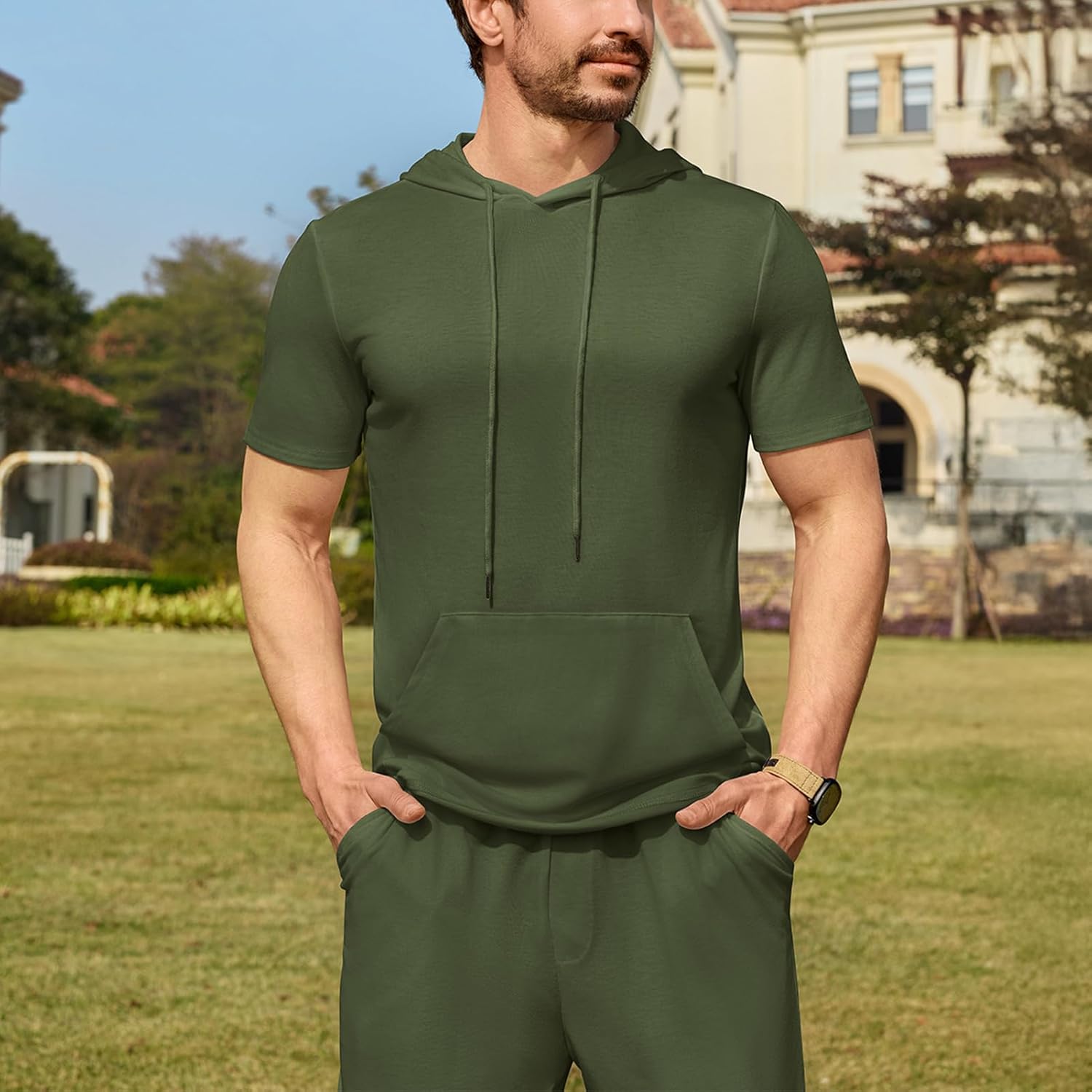 Men Tracksuit Short Sets 2 Pieces Summer Outfit Casual Short Sleeve Hoodie and Shorts Set - Image 2