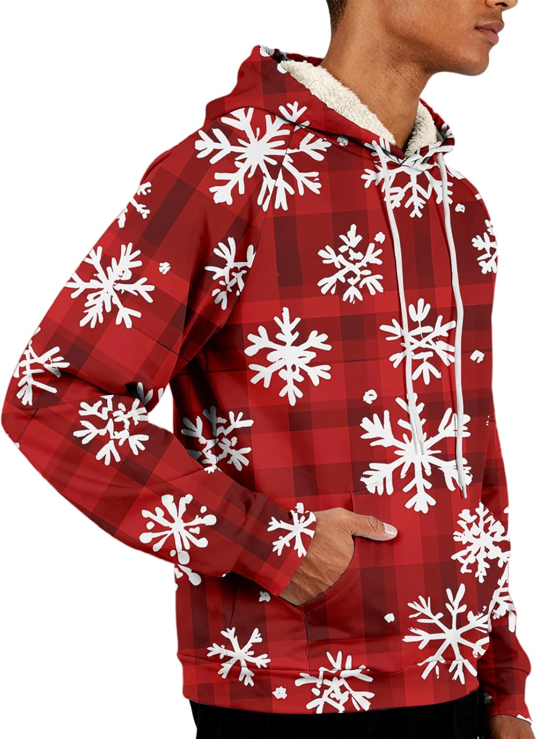 Men's Christmas Fleece-Lined Hoodie Sherpa Christmas Print Warm Hooded Sweatshirts with Pocket - Image 2