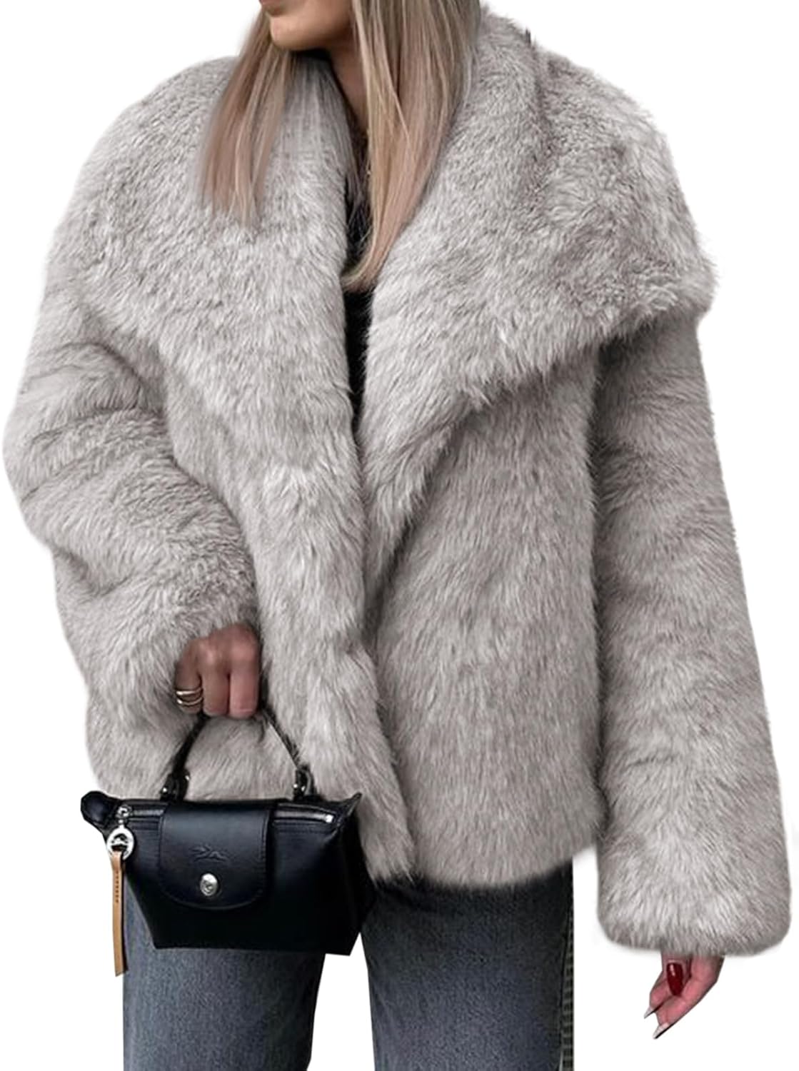 Womens Faux Fur Coat Winter Shaggy Casual Oversized Lapel Jackets Warm Fuzzy Outerwear