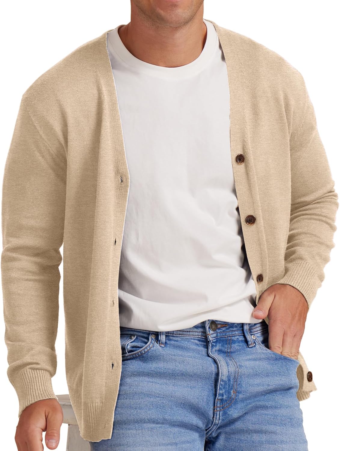 Men Vintage Striped Long Sleeve Cardigan Sweater with Button V Neck Knitted Sweaters