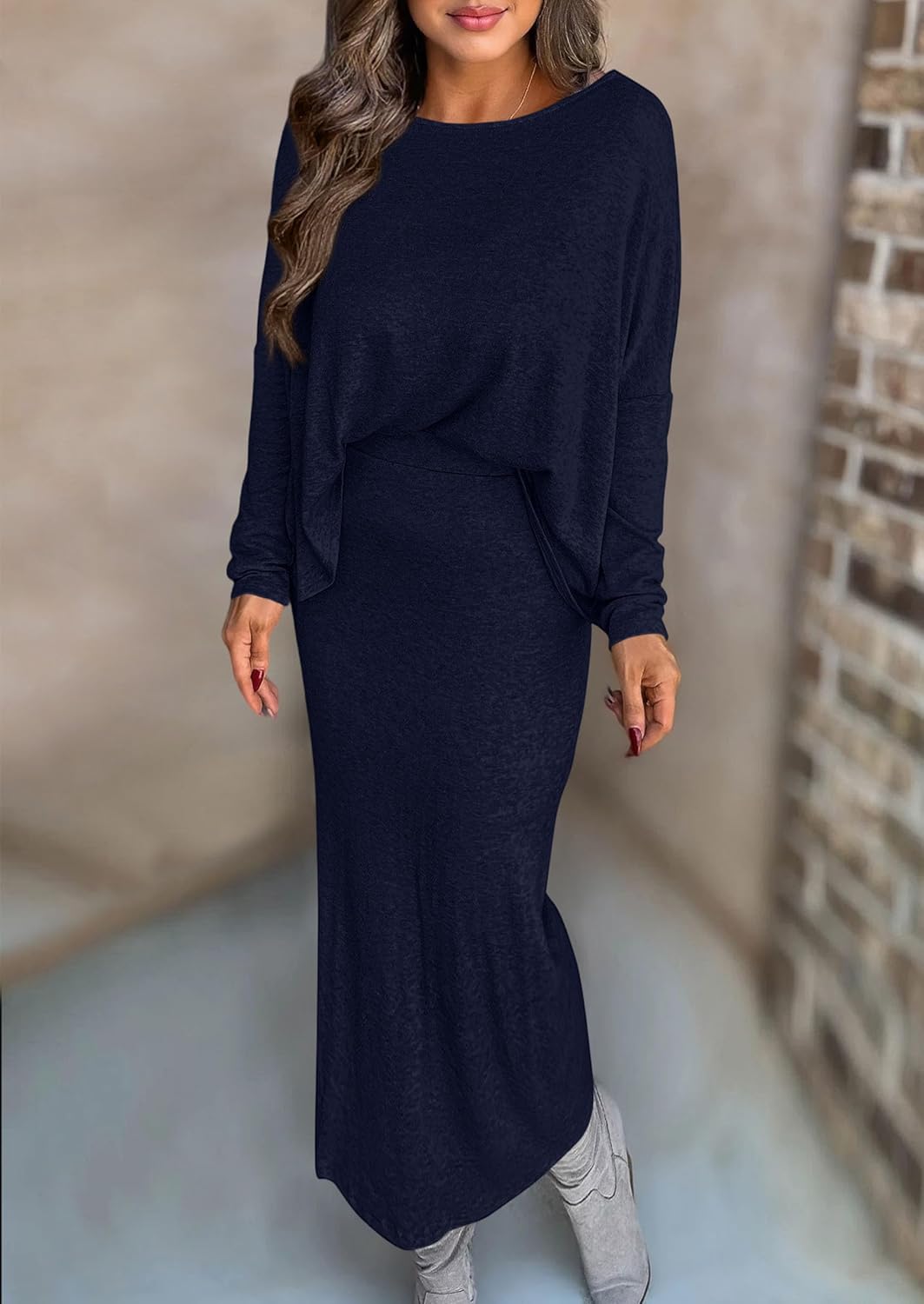 Women's Fall 2025 Two Piece Matching Skirt Sets Long Sleeve Tops Maxi Long Slit Bodycon Skirts Vacation Outfits - Image 2