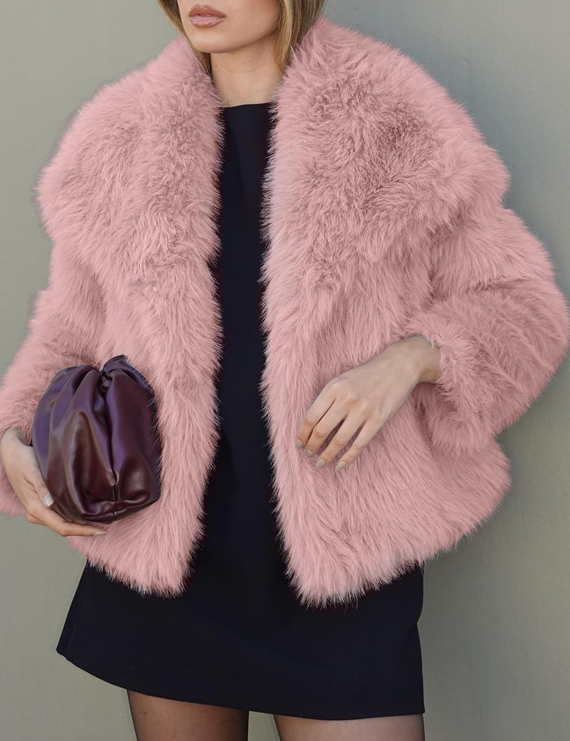 Women's Cropped Faux Fur Jacket Lapel Open Front Shaggy Furry Coat 2025 Winter Warm Fluffy Overcoat - Image 2
