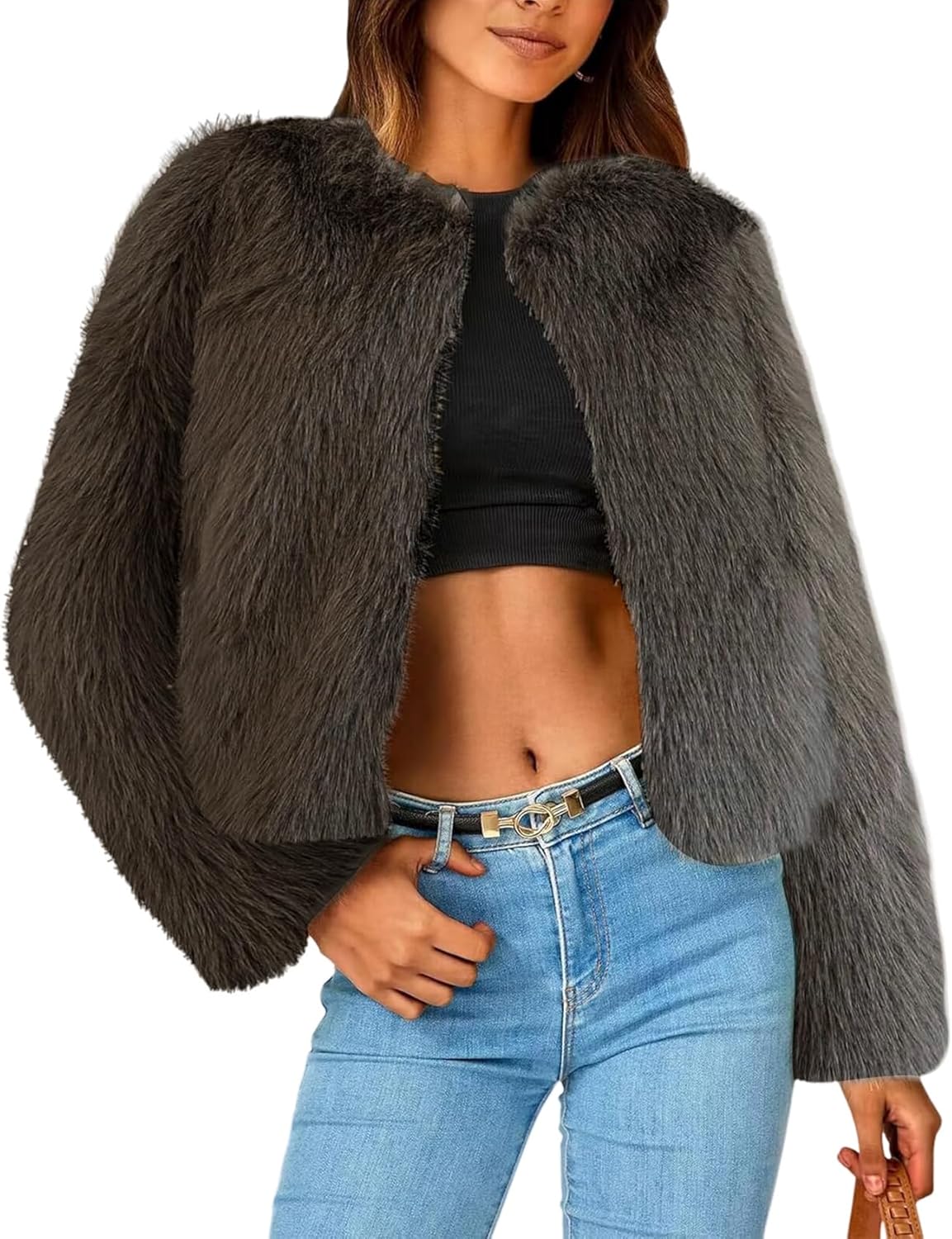 Faux Fur Jacket Women Long Sleeve Open Front Cropped Cardigan Warm Winter Shaggy Fluffy Short Fur Coat