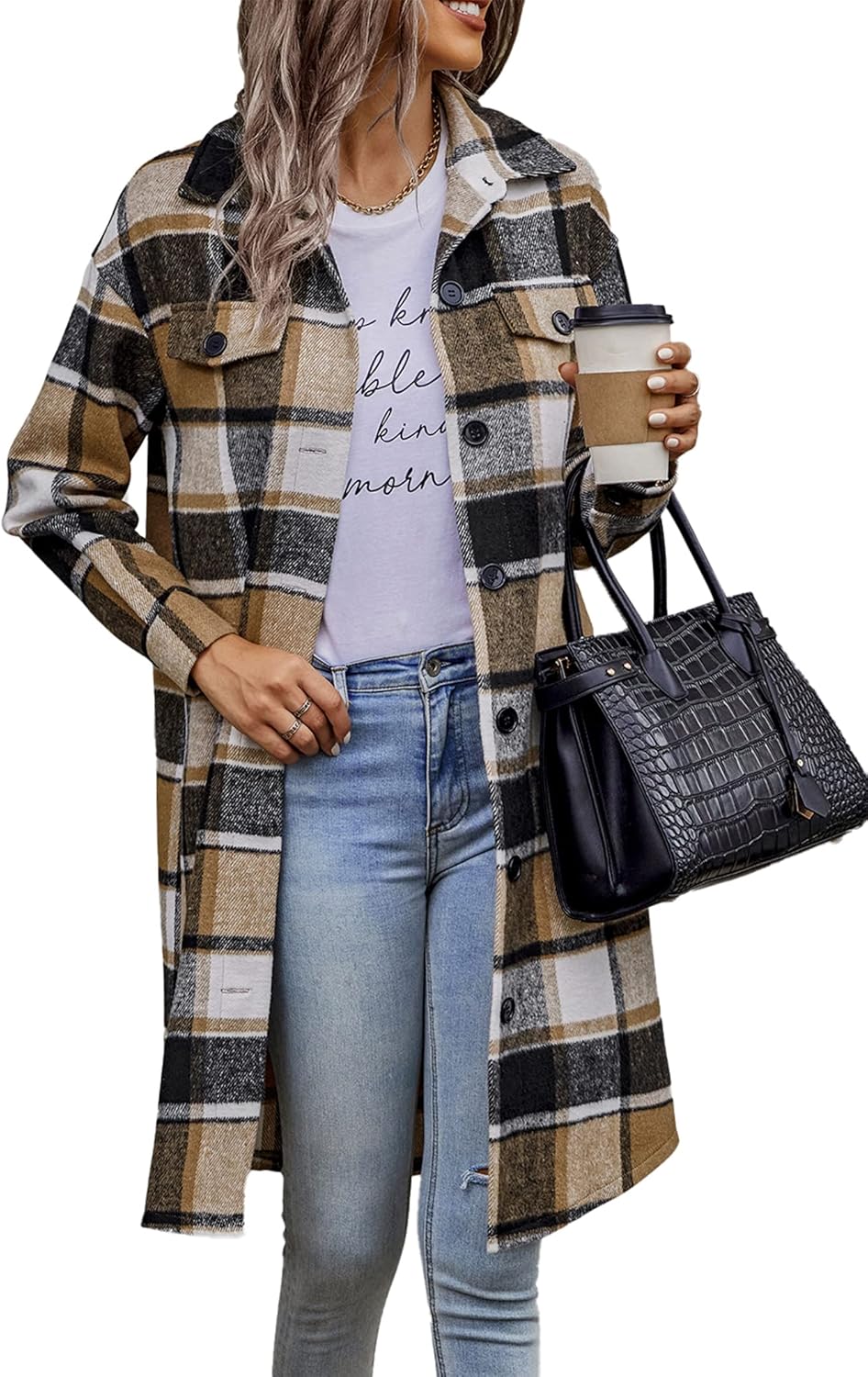 Women's Plaid 2025 Long Sleeve Button Up Flannel Shirt Winter Tartan Jacket Woolen Coats