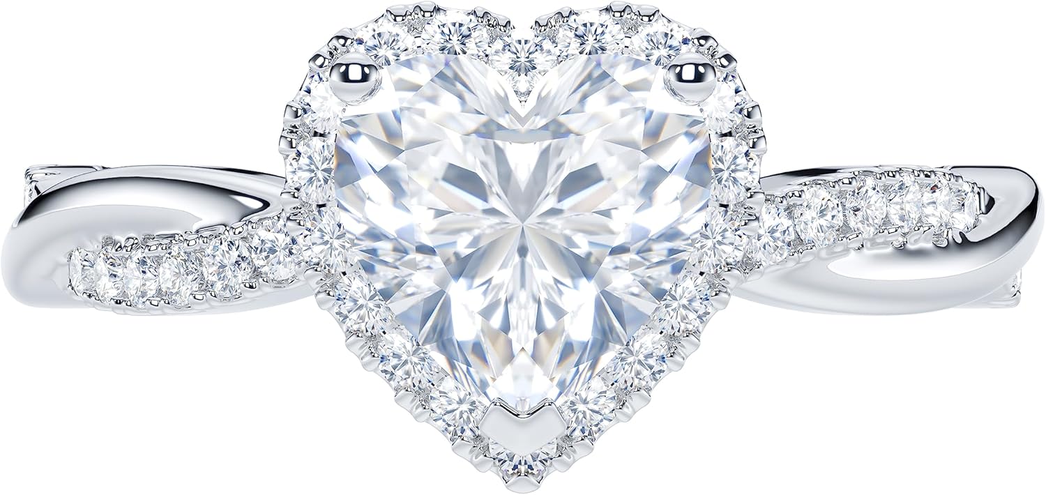 Sterling Silver Petite Twisted Vine 1CT Heart-shaped Genuine Moissanite Halo Engagement Ring Promise Ring - Image 2